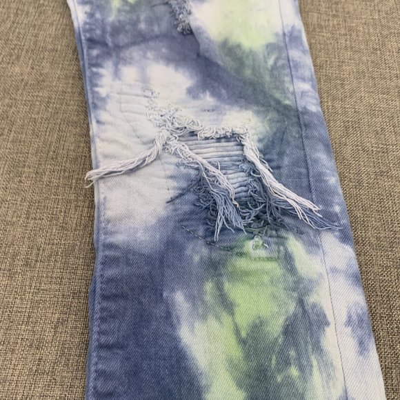 Unique Mens Embellish Tie Dye Jeans Distressed Ripped 30 Cotton Spandex Blue - Picture 10 of 16
